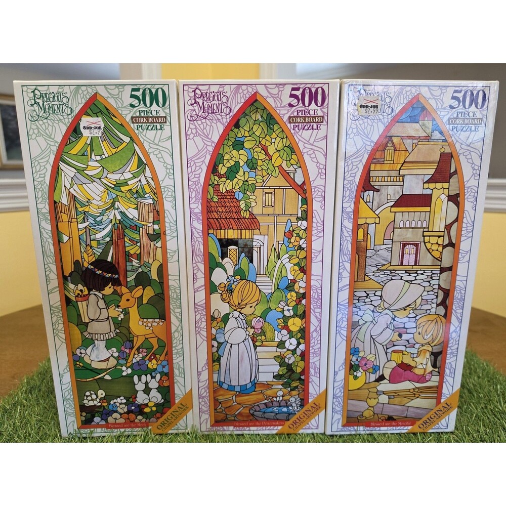 Lot Of 3 Vtg Precious Moments 500 Peace Puzzles Stained Glass New Sealed Chapel